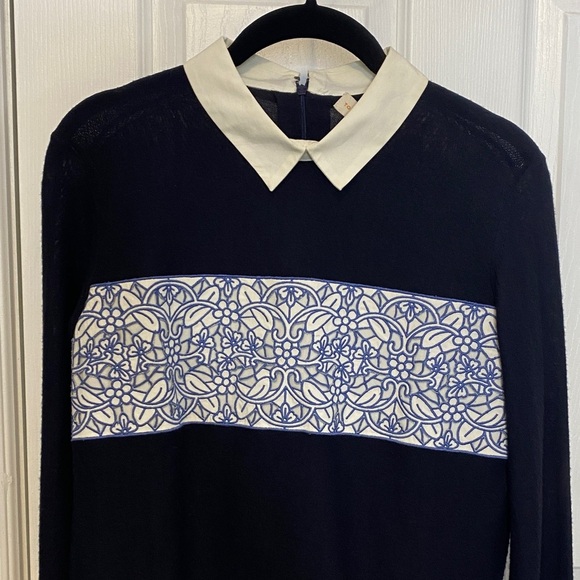 Tory Burch Navy Merino Peter Pan Collar Embroidered Sweater Office Petite S - Picture 7 of 16